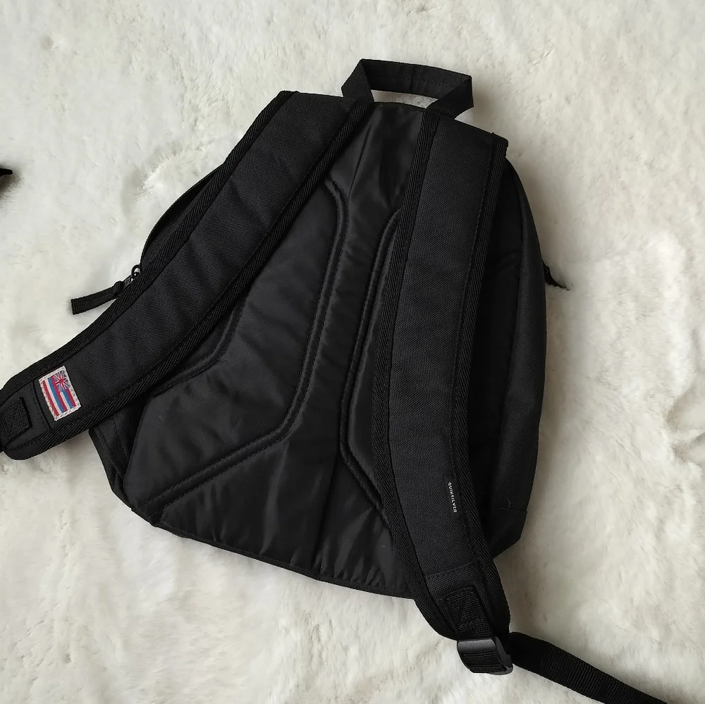 NWOT Quiksilver Black Backpack with Multicolor Design